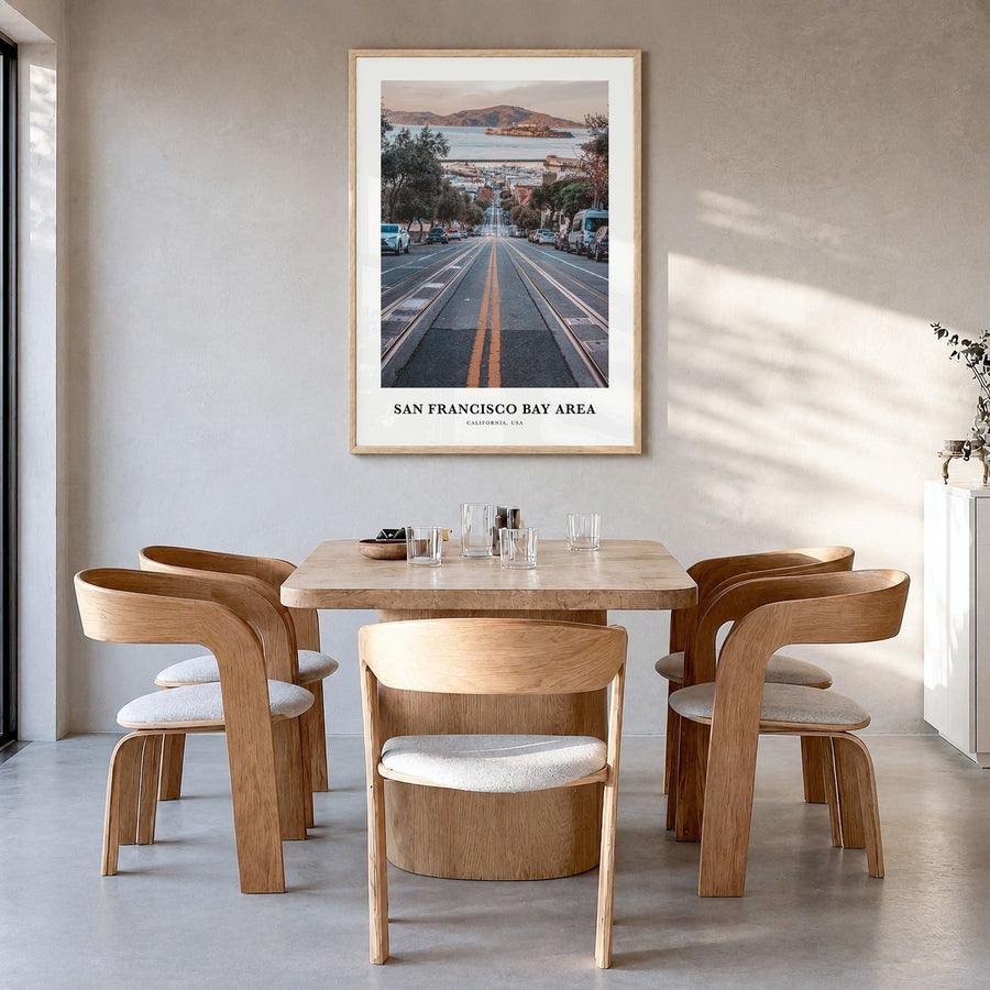 San Francisco Bay Area Classic No 3 Poster in a natural wood frame, hanging in a dining room