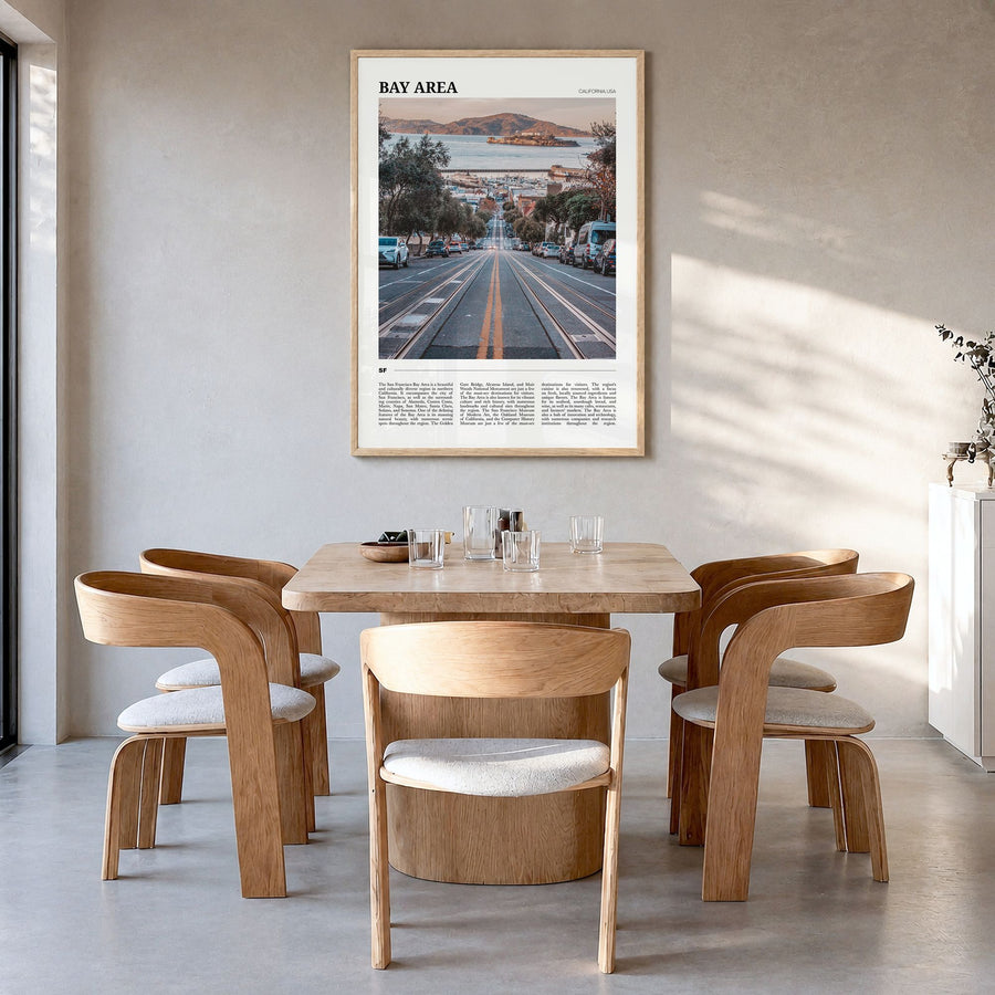 Bay Area Travel No 2 Poster in a natural wood frame, hanging in a dining room