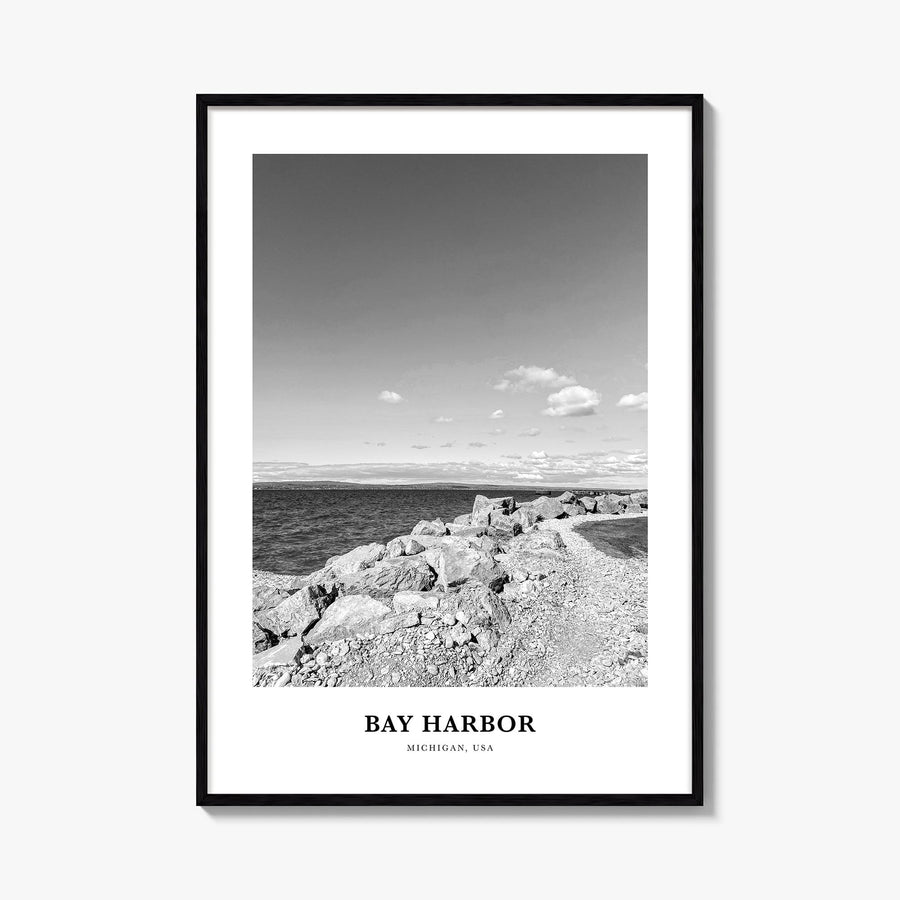 Bay Harbor black & white classic poster of Michigan, USA – vertical wall art, unframed print shown in interior mockup