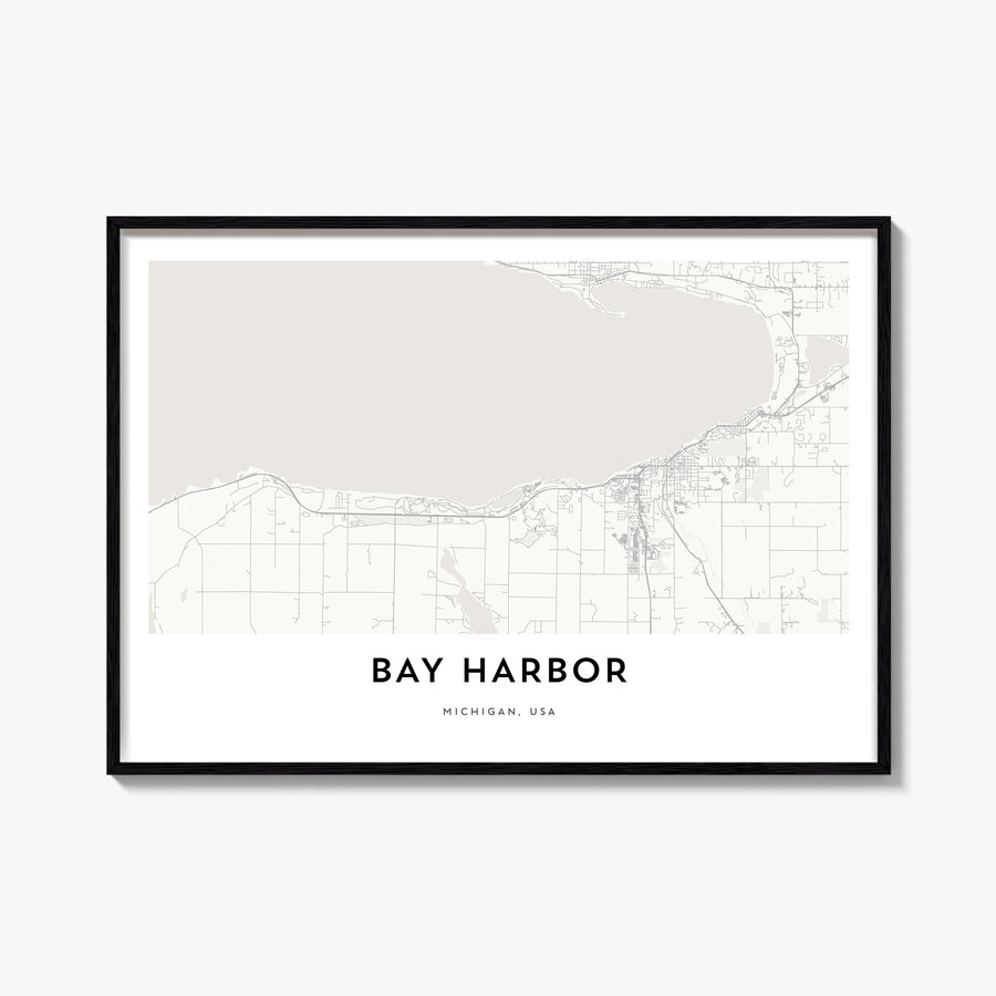Bay Harbor black & white map poster of Michigan, USA – horizontal wall art, unframed print shown in interior mockup