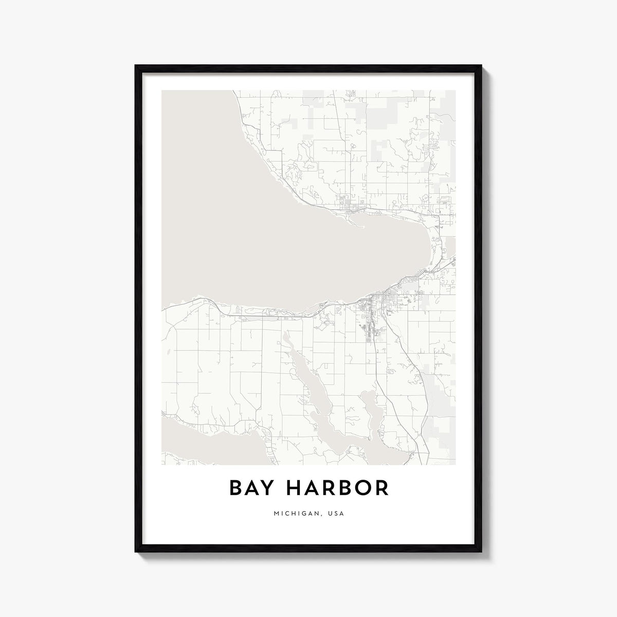 Bay Harbor black & white map poster of Michigan, USA – vertical wall art, unframed print shown in interior mockup