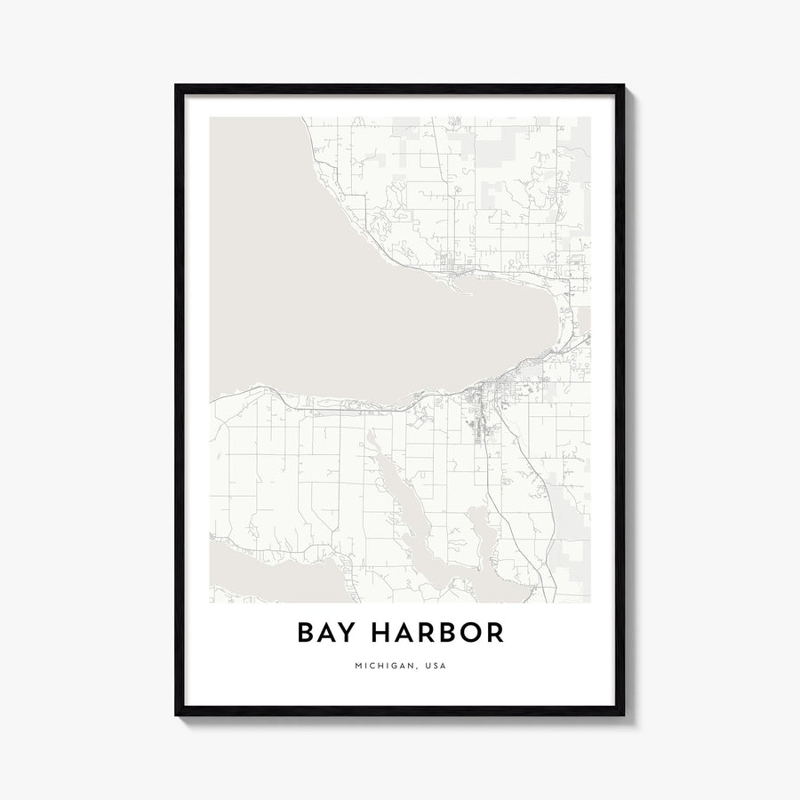 Bay Harbor black & white map poster of Michigan, USA – vertical wall art, unframed print shown in interior mockup