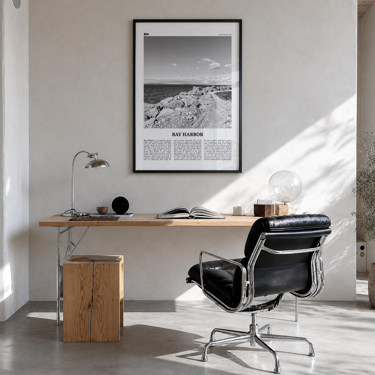 Bay Harbor black & white newspaper poster of Michigan, USA – vertical wall art in black wood frame, hanging on wall