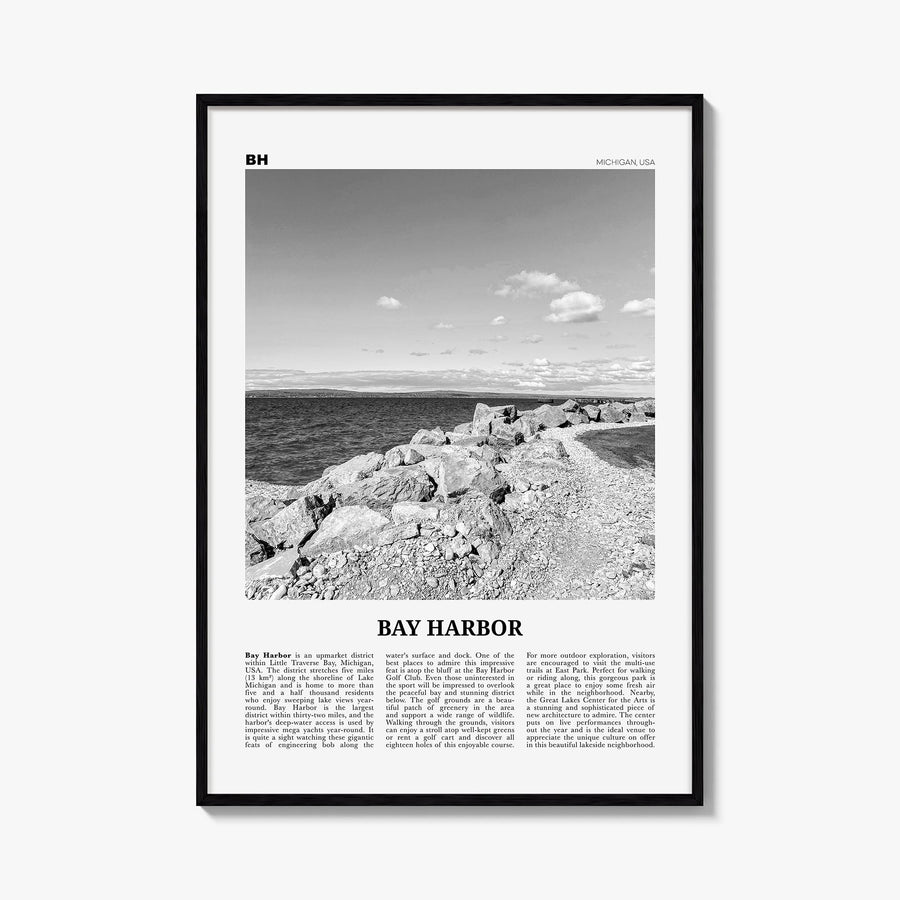 Bay Harbor black & white newspaper poster of Michigan, USA – vertical wall art, unframed print shown in interior mockup