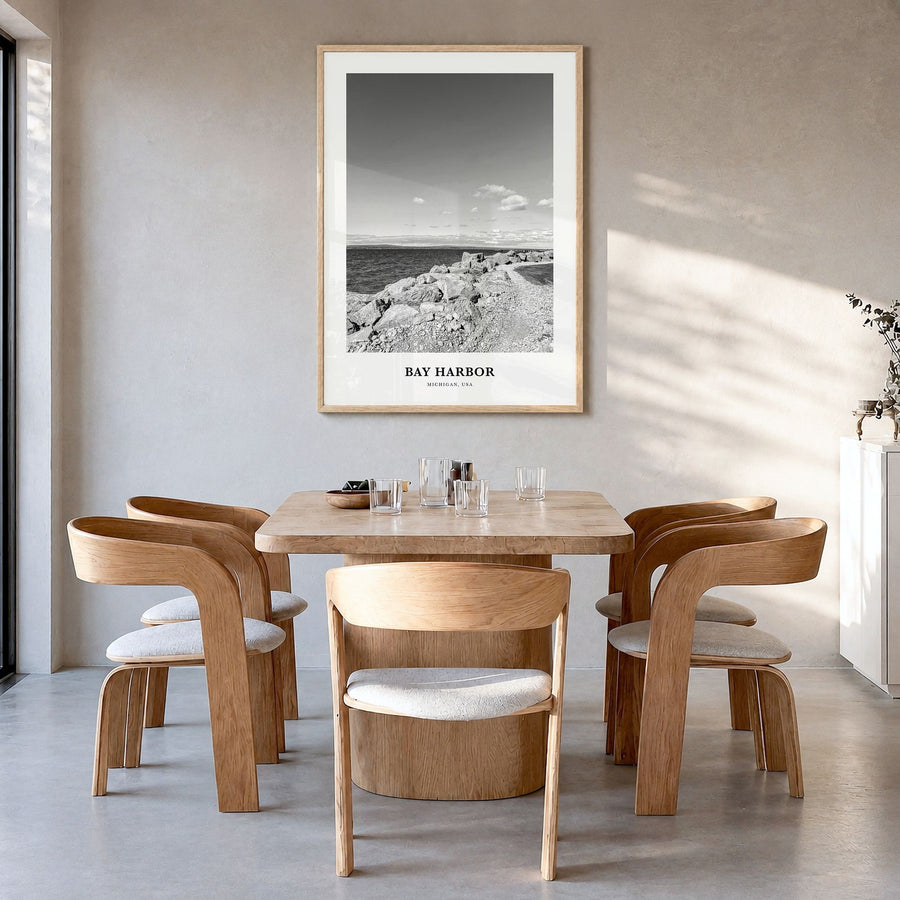 Bay Harbor Classic Poster in a natural wood frame, hanging in a dining room