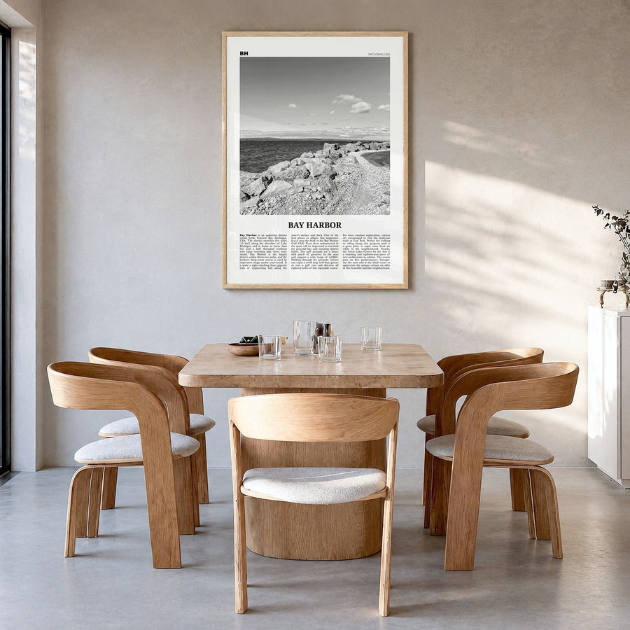 Bay Harbor Newspaper Poster in a natural wood frame, hanging in a dining room