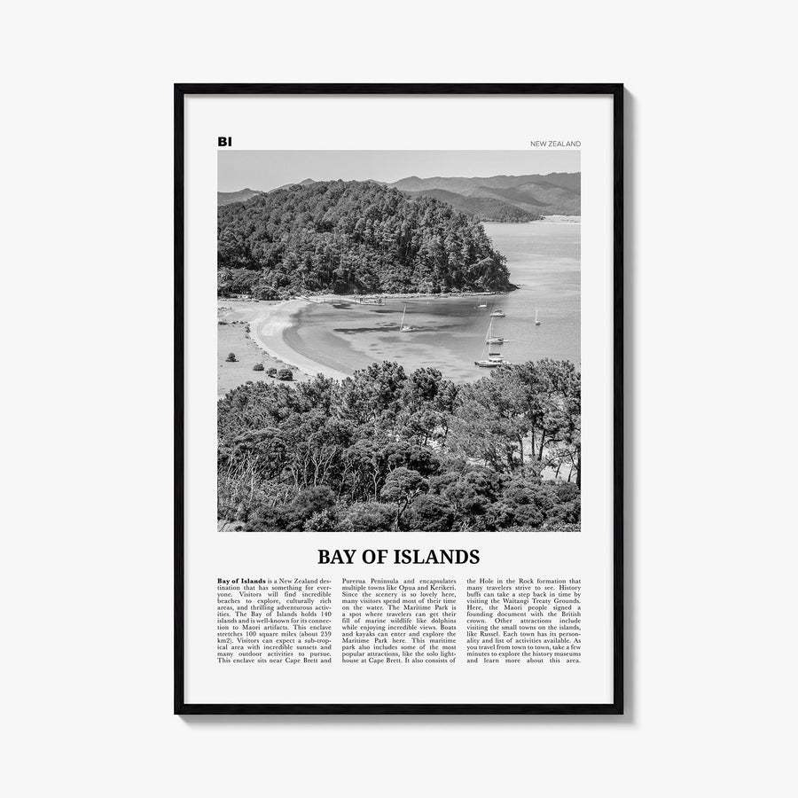 Bay of Islands black & white newspaper poster of New Zealand – vertical wall art, unframed print shown in interior mockup