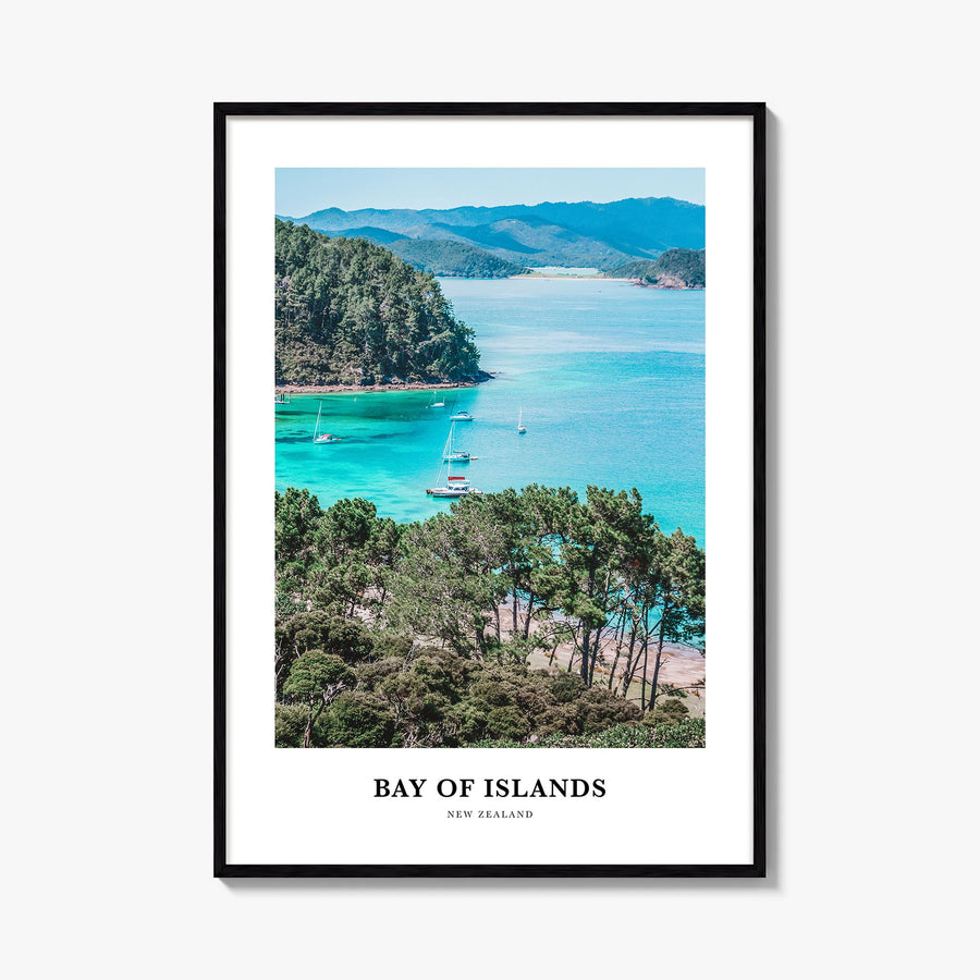 Bay of Islands colorful classic poster of New Zealand – vertical wall art, unframed print shown in interior mockup