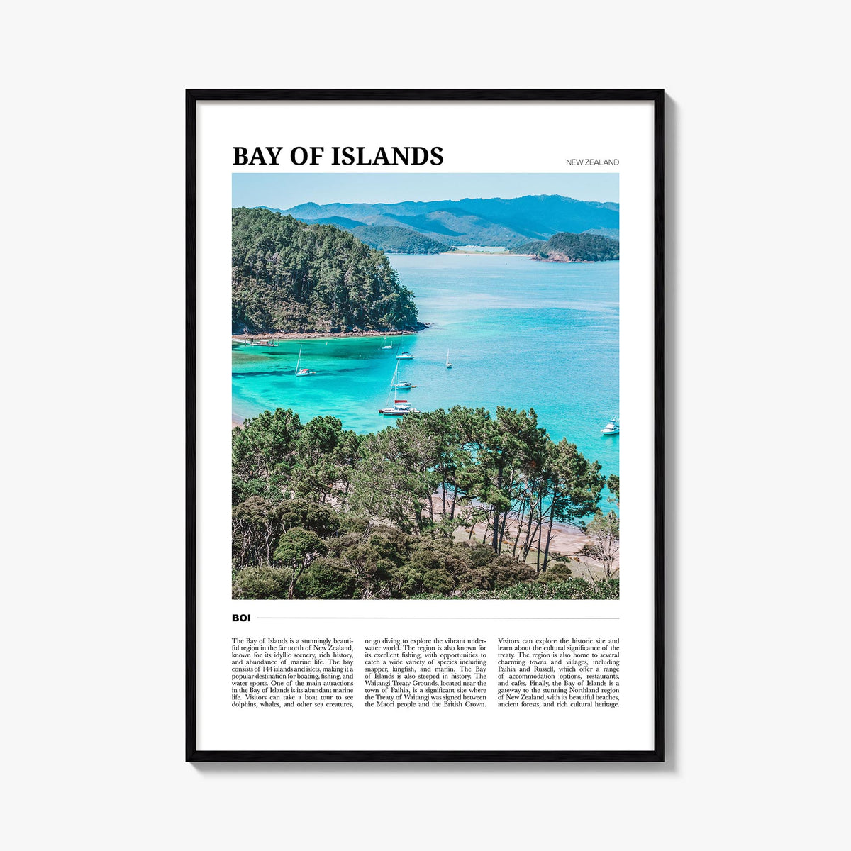 Bay of Islands colorful travel poster of New Zealand – vertical wall art, unframed print shown in interior mockup