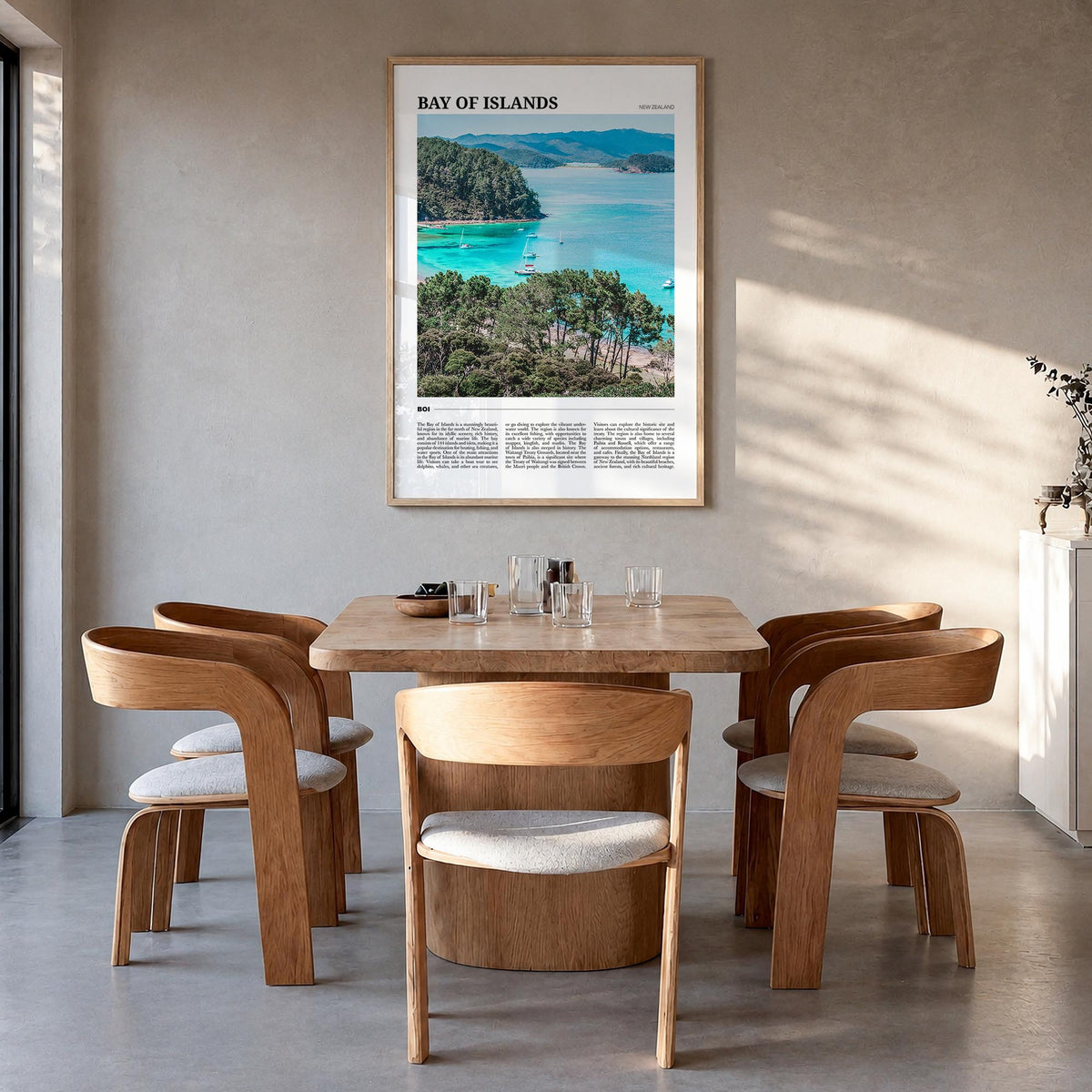 Bay of Islands colorful travel poster of New Zealand – vertical wall art in natural wood frame, hanging on wall
