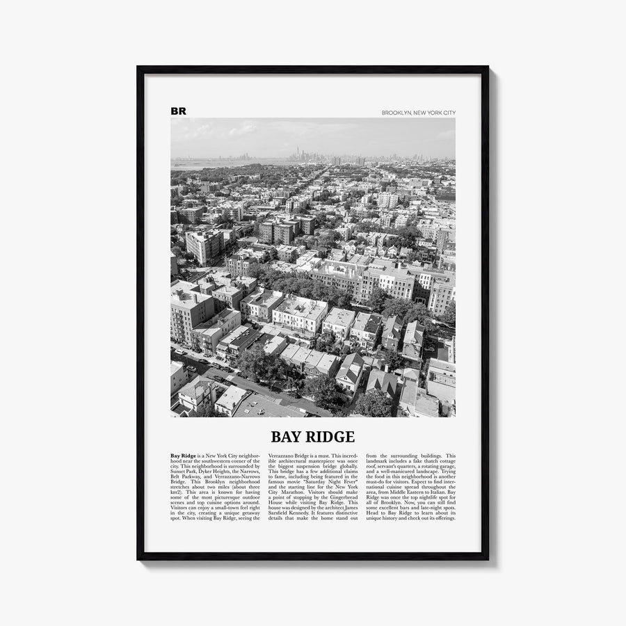 Bay Ridge black & white newspaper poster of Brooklyn, New York City – vertical wall art, unframed print shown in interior moc