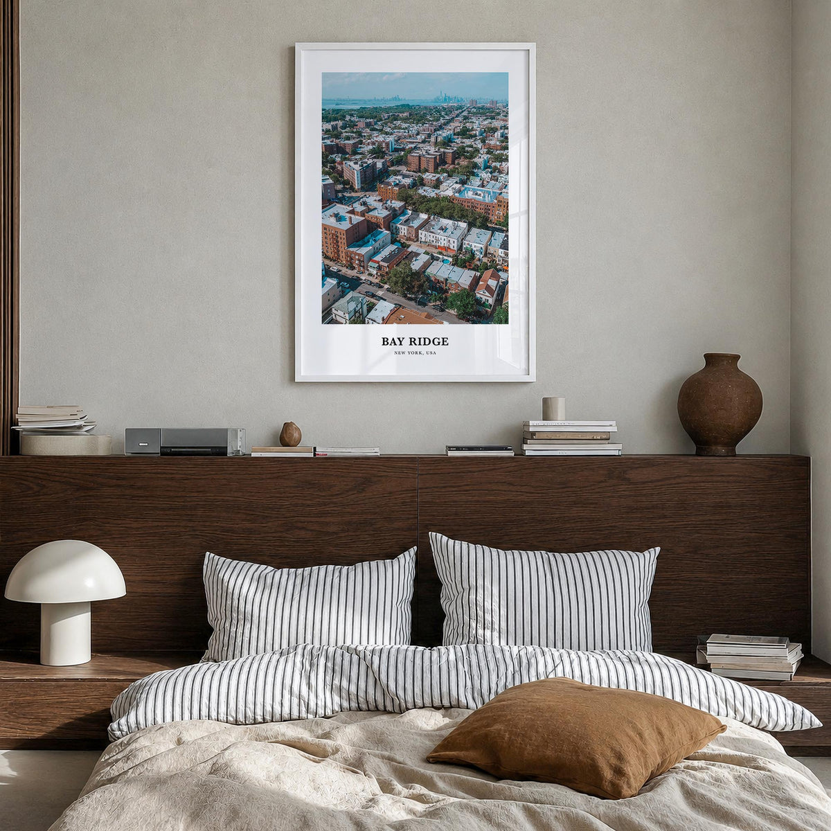 Bay Ridge colorful classic poster of Brooklyn, New York City – vertical wall art in white wood frame, hanging on wall