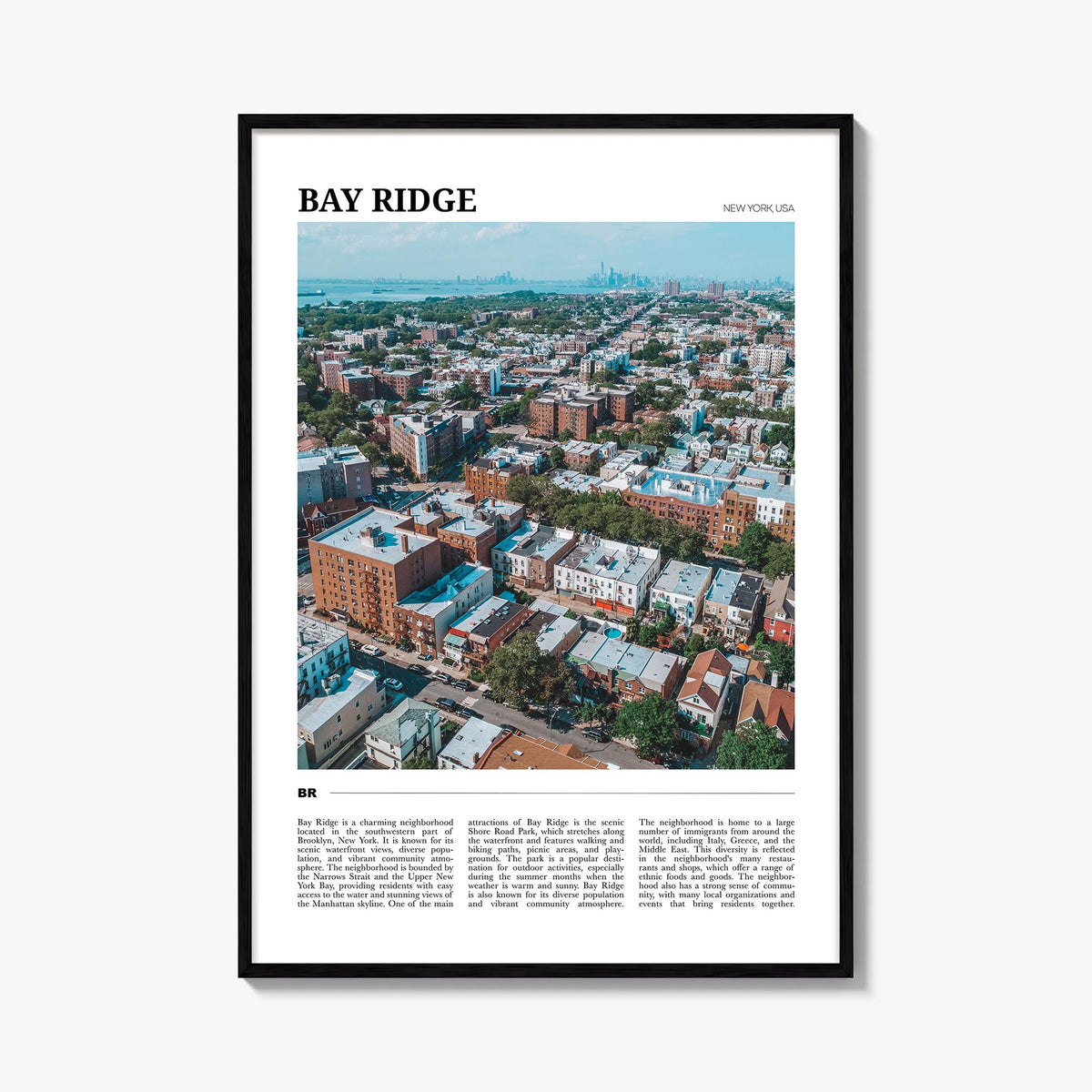 Bay Ridge colorful travel poster of Brooklyn, New York City – vertical wall art, unframed print shown in interior mockup
