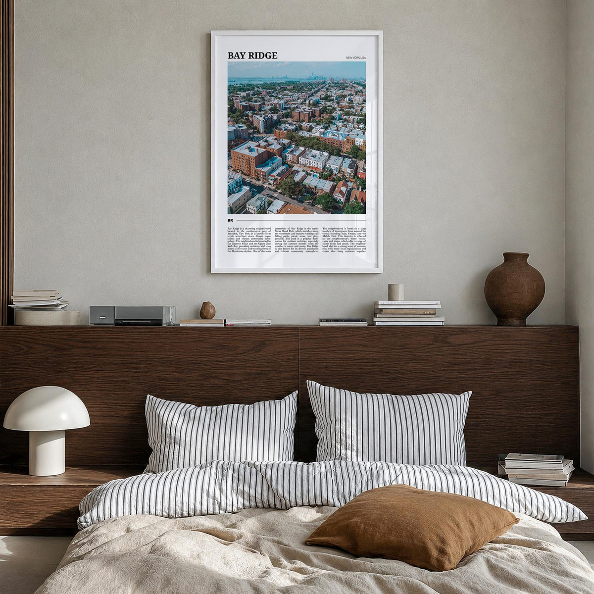 Bay Ridge colorful travel poster of Brooklyn, New York City – vertical wall art in white wood frame, hanging on wall