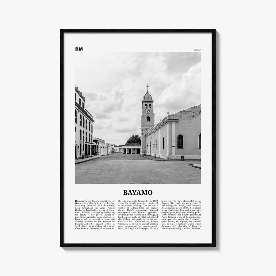 Bayamo black & white newspaper poster of Cuba – vertical wall art, unframed print shown in interior mockup