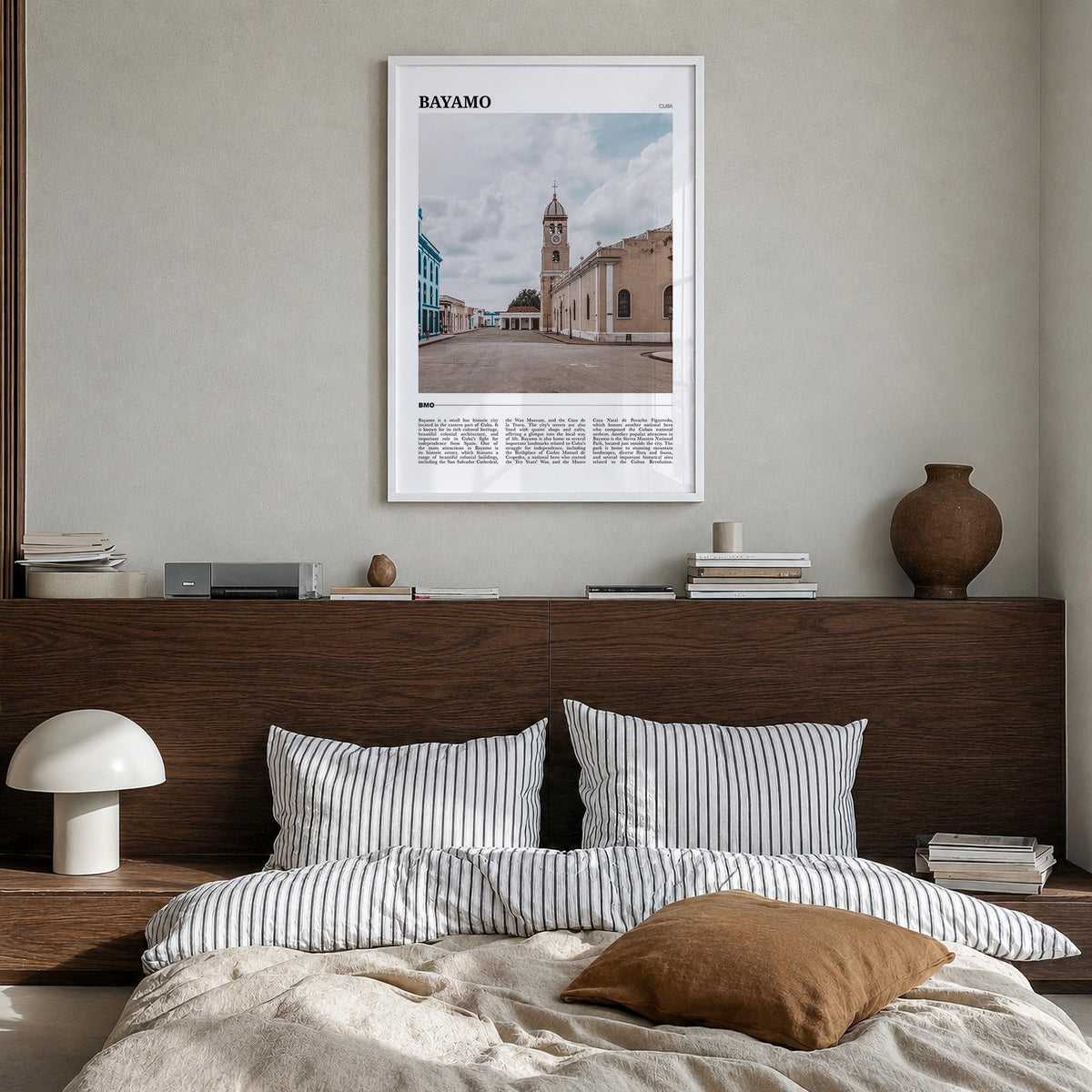 Bayamo colorful travel poster of Cuba – vertical wall art in white wood frame, hanging on wall
