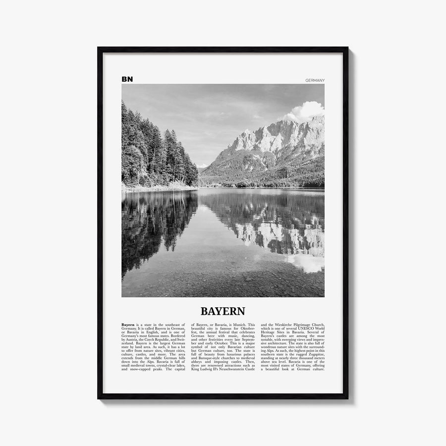 Bavaria no. 2 black & white newspaper poster of Bayern, Germany – vertical wall art, unframed print shown in interior mockup