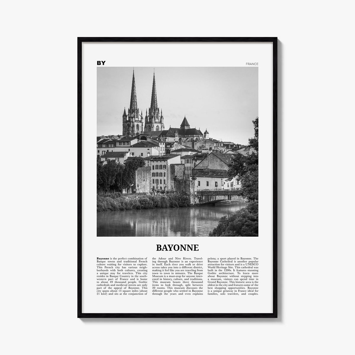 Bayonne, France black & white newspaper poster of France – vertical wall art, unframed print shown in interior mockup