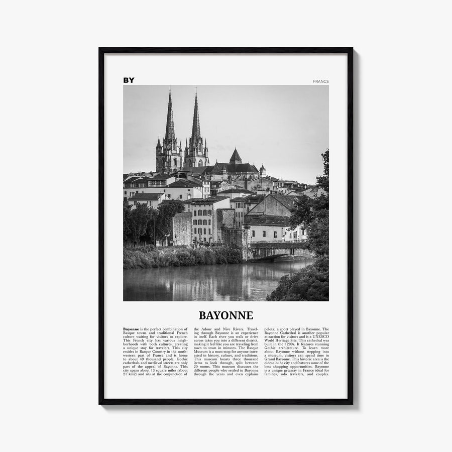 Bayonne, France black & white newspaper poster of France – vertical wall art, unframed print shown in interior mockup