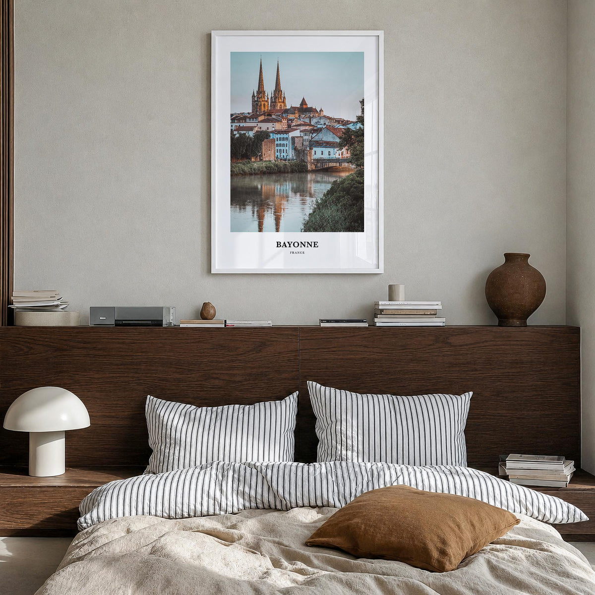 Bayonne, France colorful classic poster of France – vertical wall art in white wood frame, hanging on wall