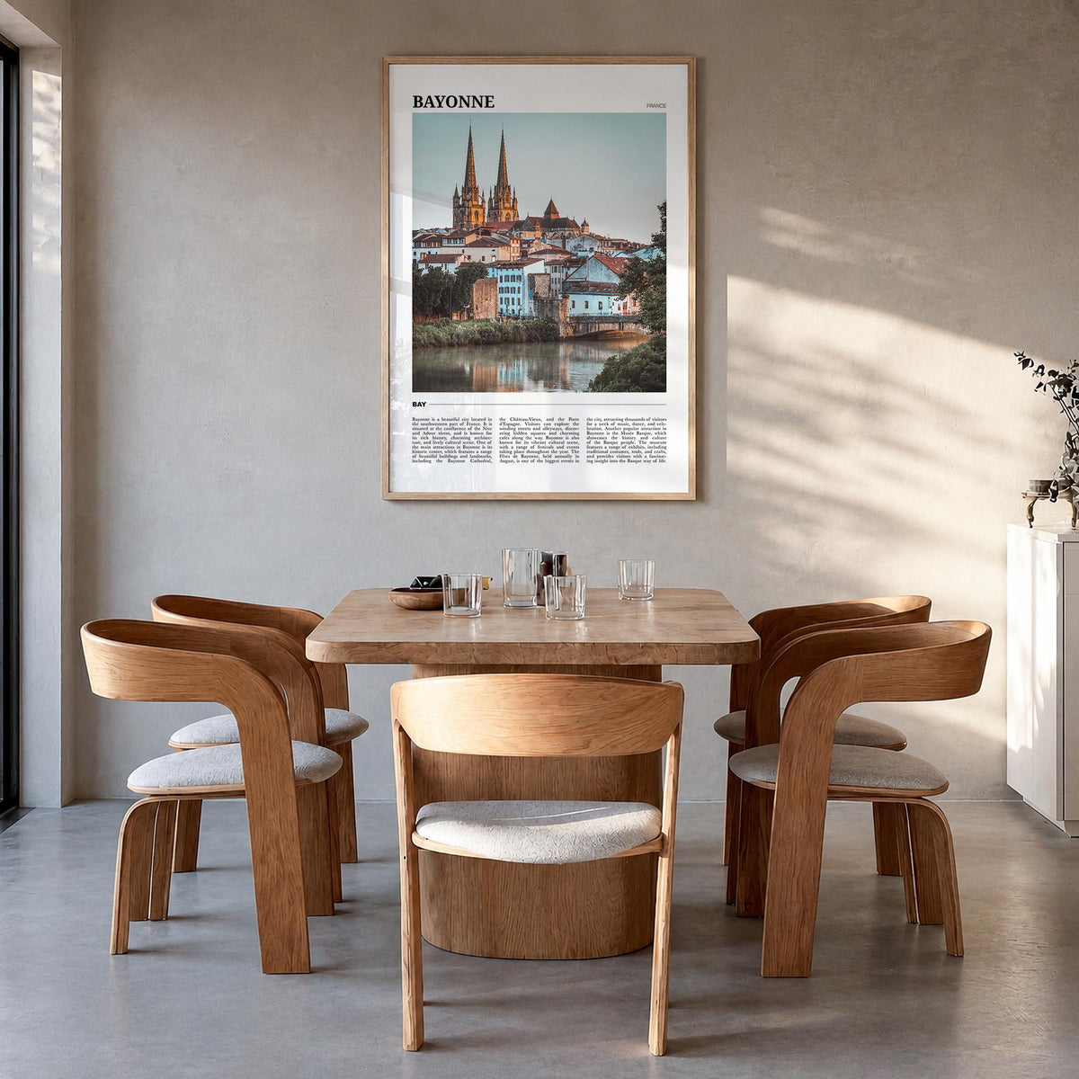 Bayonne, France colorful travel poster of France – vertical wall art in natural wood frame, hanging on wall