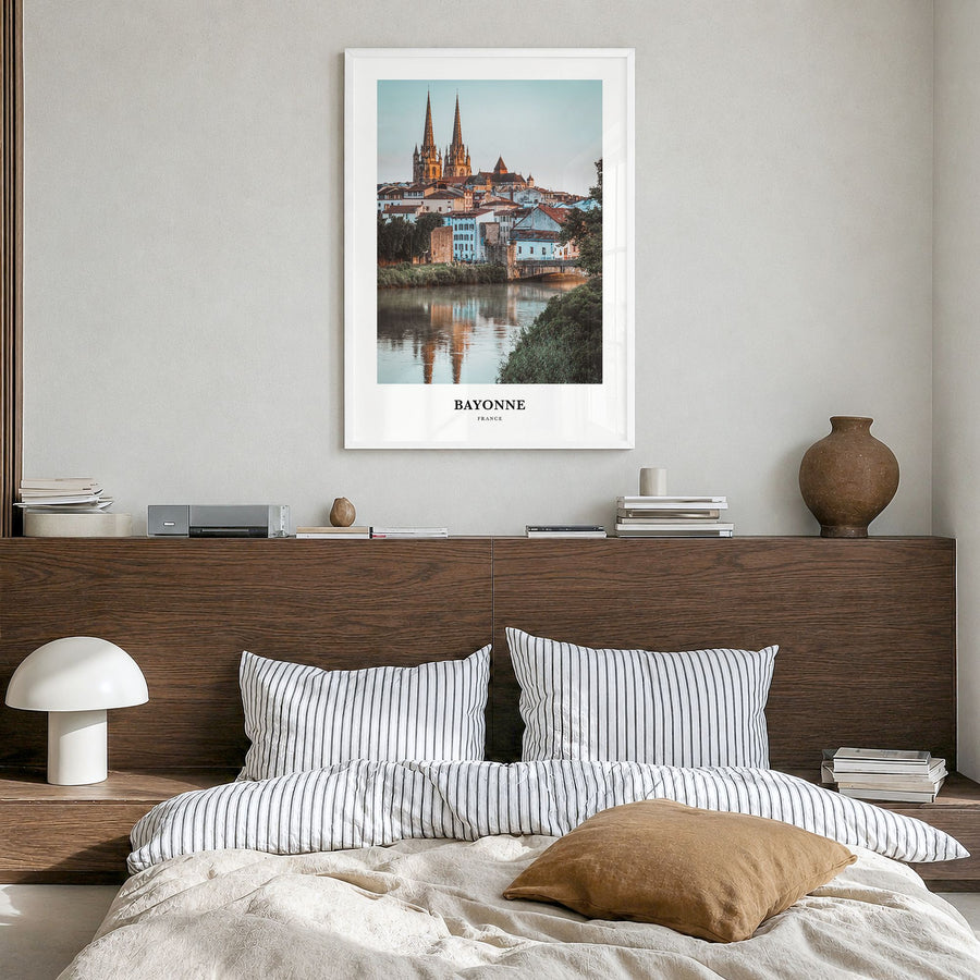 Bayonne, France Classic Poster in a white wood frame, hanging in a bedroom