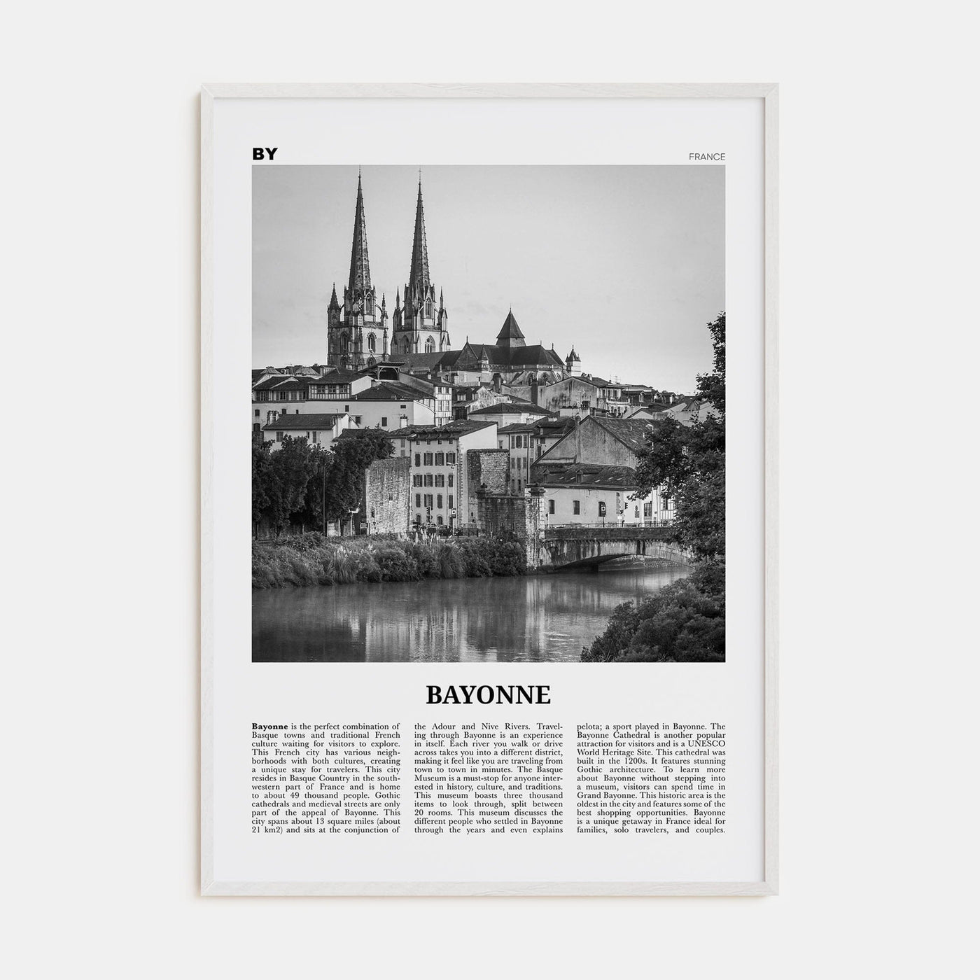 Bayonne, France Poster White Wood / 8x12 in Nbourhood Travel B&W Poster