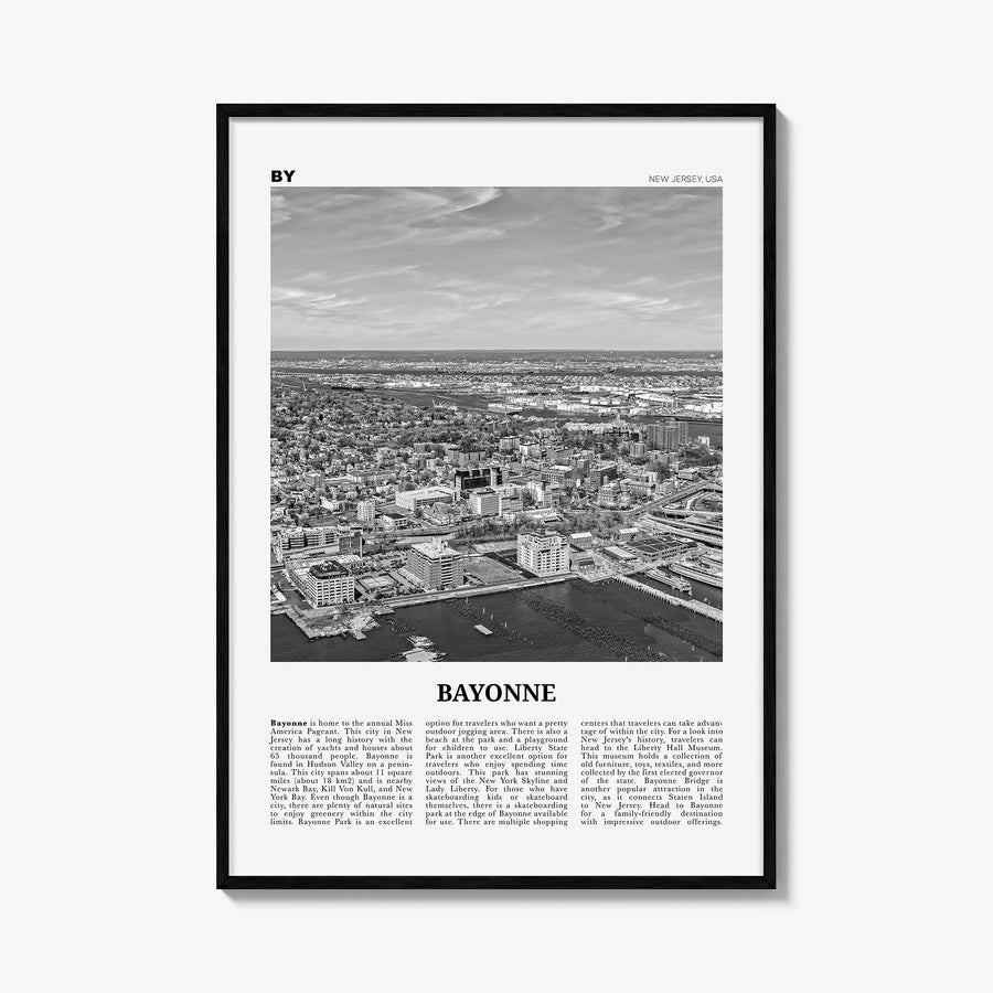 Bayonne, New Jersey black & white newspaper poster of New Jersey, USA – vertical wall art, unframed print shown in interior m