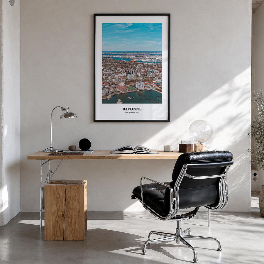 Bayonne, New Jersey colorful classic poster of New Jersey, USA – vertical wall art in black wood frame, hanging on wall