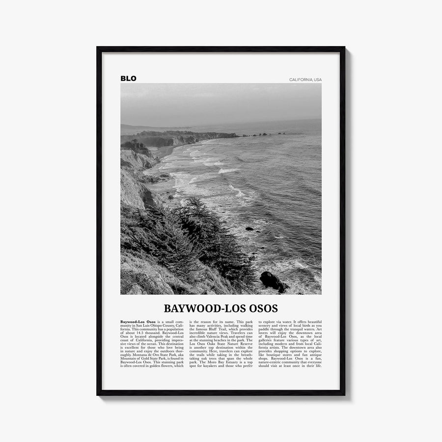 Baywood-Los Osos black & white newspaper poster of California, USA – vertical wall art, unframed print shown in interior mock