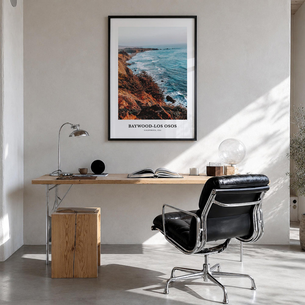 Baywood-Los Osos colorful classic poster of California, USA – vertical wall art in black wood frame, hanging on wall