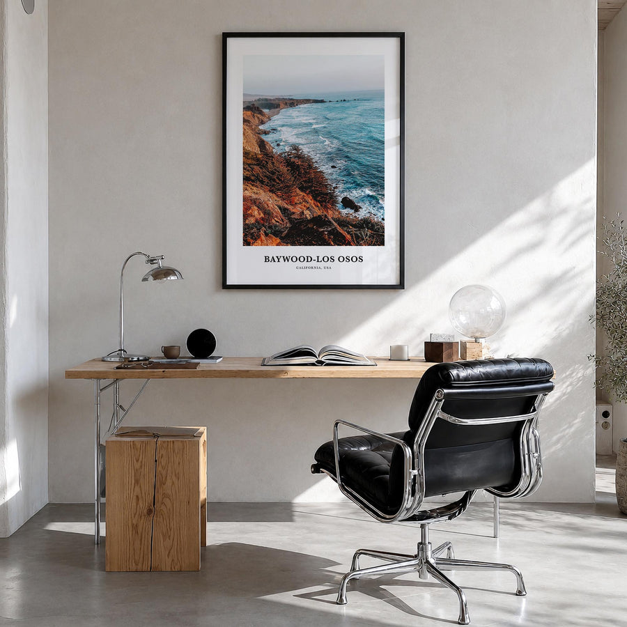 Baywood-Los Osos colorful classic poster of California, USA – vertical wall art in black wood frame, hanging on wall