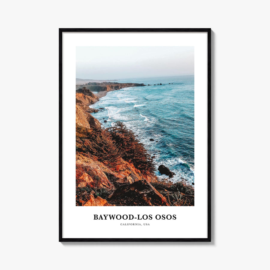 Baywood-Los Osos colorful classic poster of California, USA – vertical wall art, unframed print shown in interior mockup