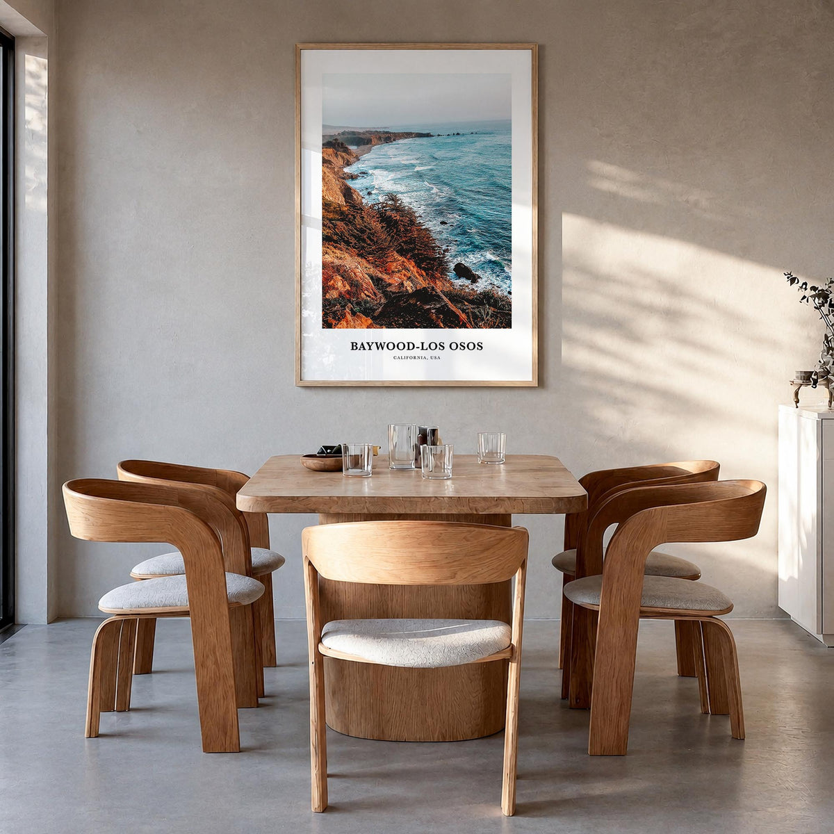 Baywood-Los Osos colorful classic poster of California, USA – vertical wall art in natural wood frame, hanging on wall
