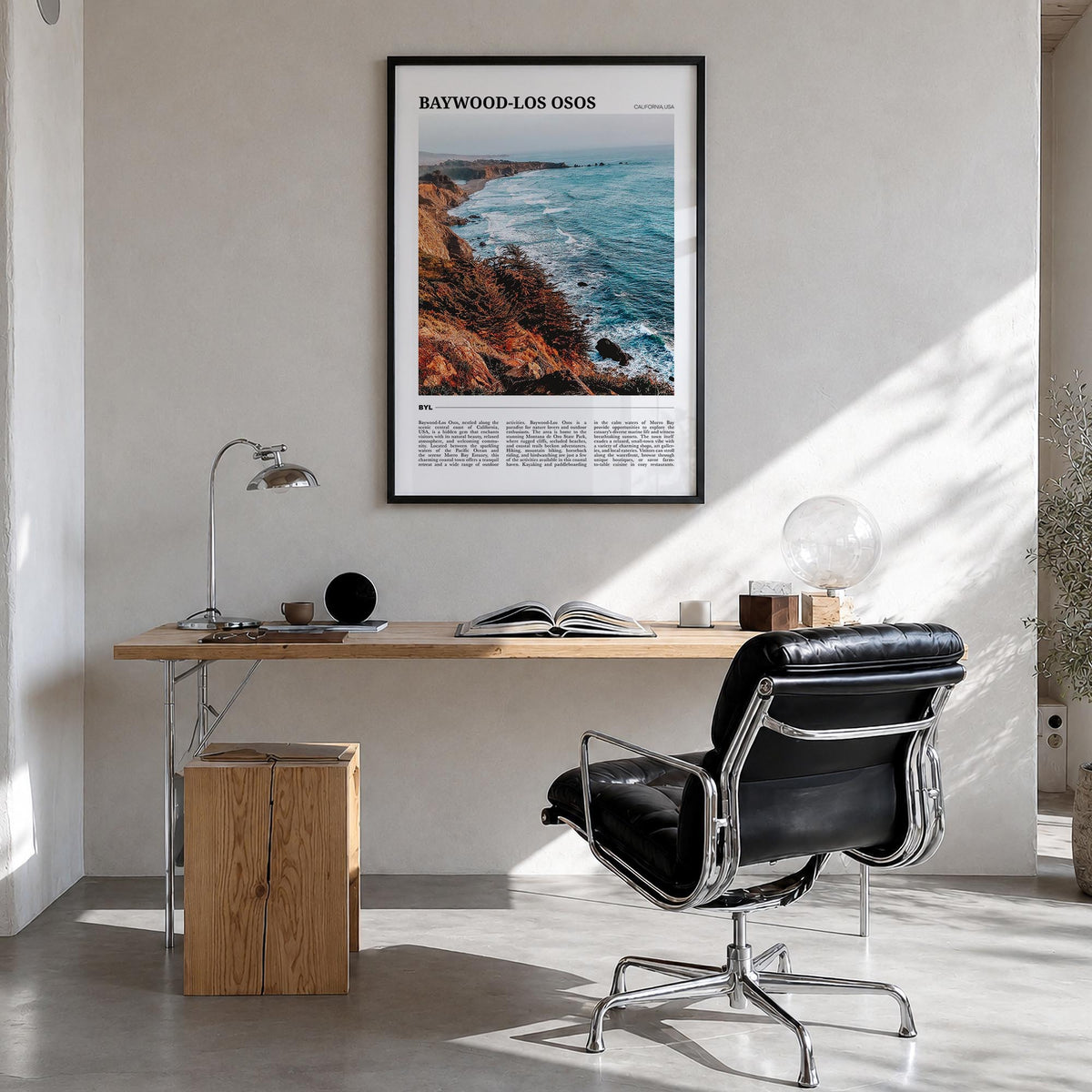 Baywood-Los Osos colorful travel poster of California, USA – vertical wall art in black wood frame, hanging on wall