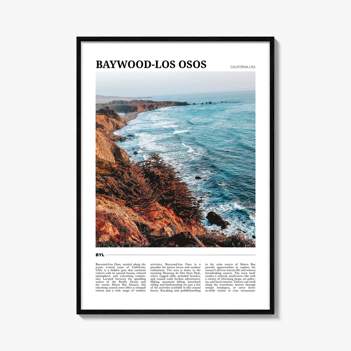 Baywood-Los Osos colorful travel poster of California, USA – vertical wall art, unframed print shown in interior mockup