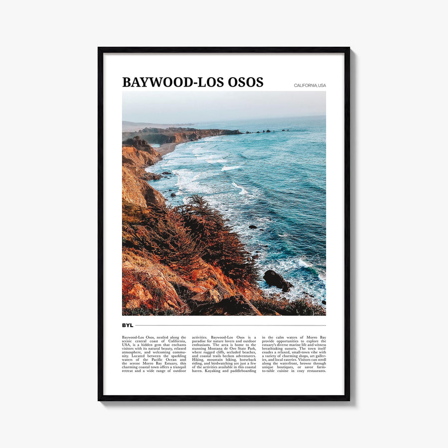 Baywood-Los Osos colorful travel poster of California, USA – vertical wall art, unframed print shown in interior mockup