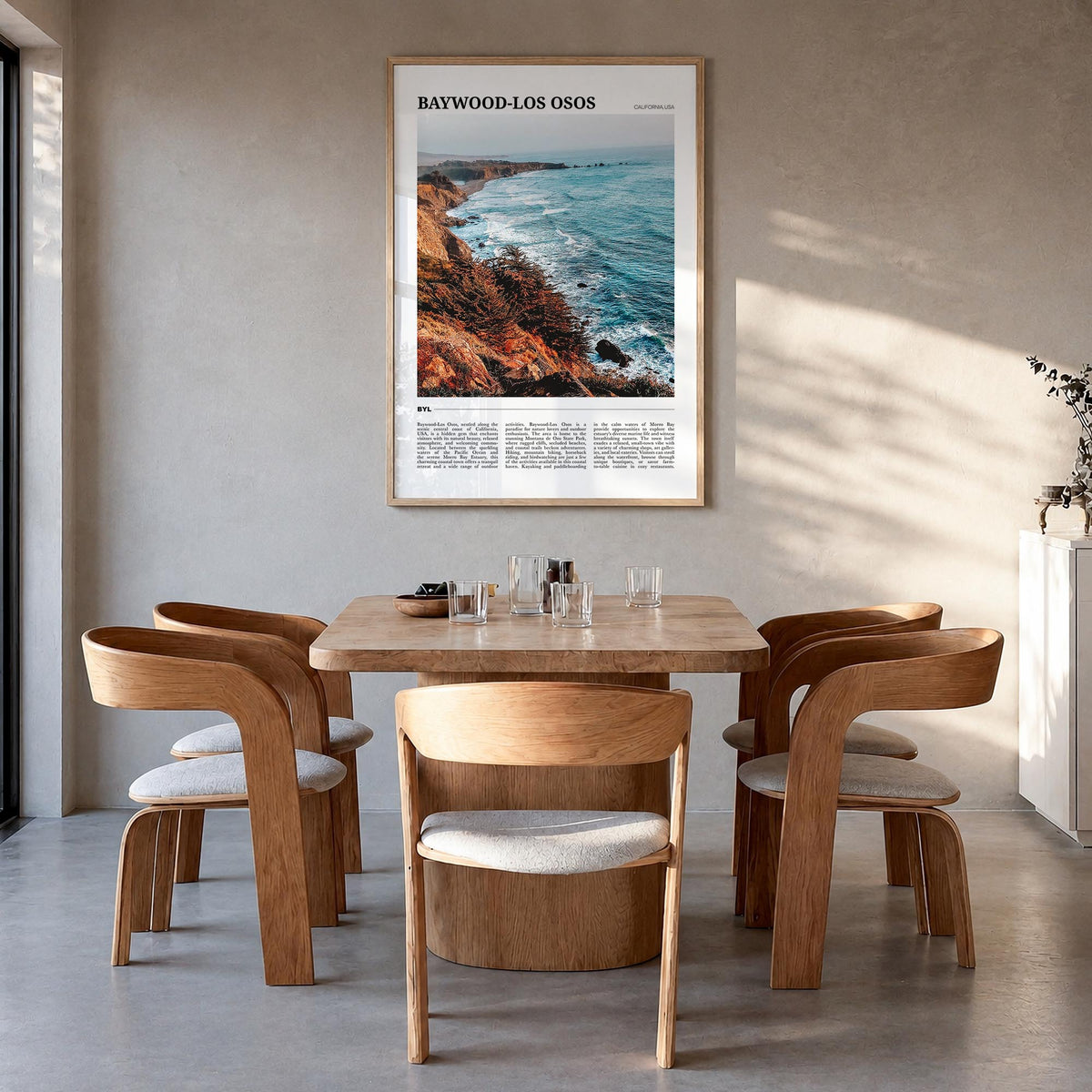 Baywood-Los Osos colorful travel poster of California, USA – vertical wall art in natural wood frame, hanging on wall