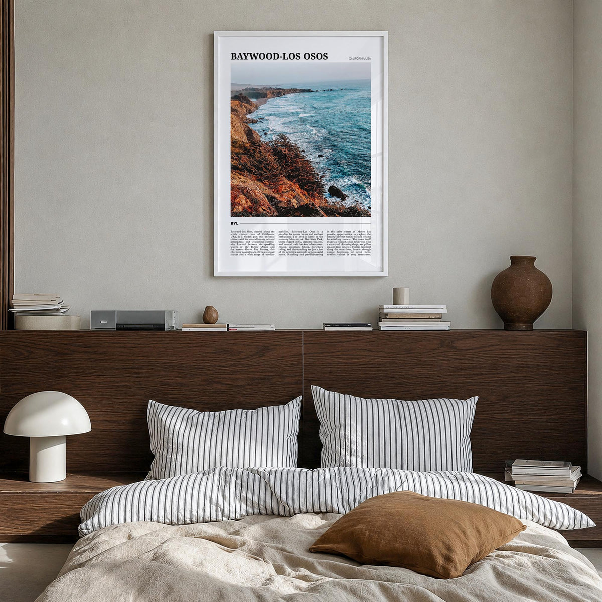 Baywood-Los Osos colorful travel poster of California, USA – vertical wall art in white wood frame, hanging on wall