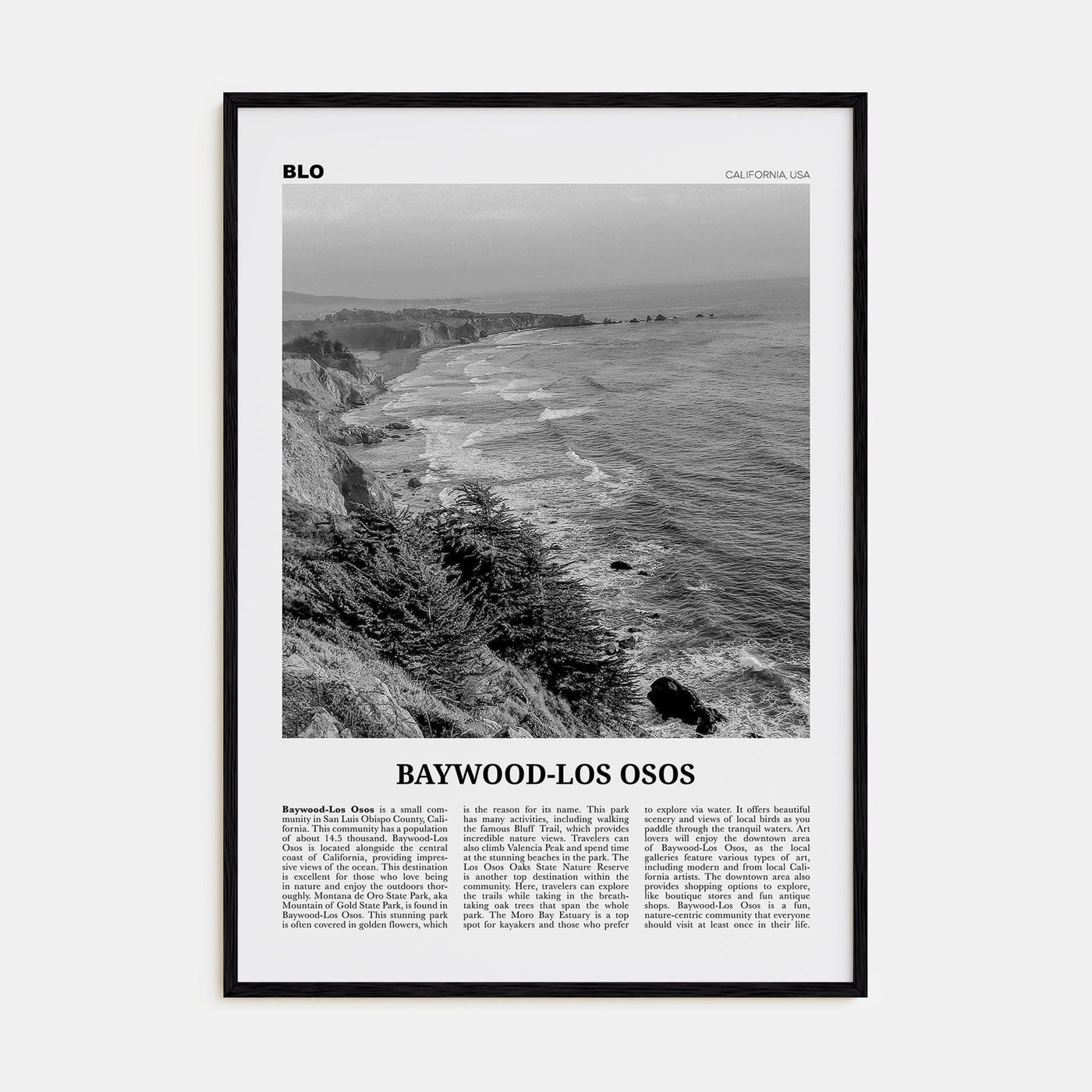 Baywood-Los Osos Poster Black Wood / 8x12 in Nbourhood Travel B&W Poster