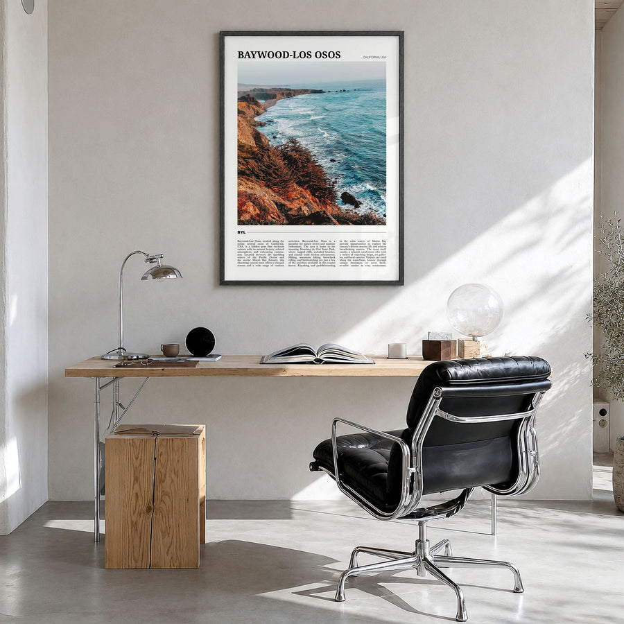 Baywood-Los Osos Travel Poster in a black wood frame, hanging in a bright home office