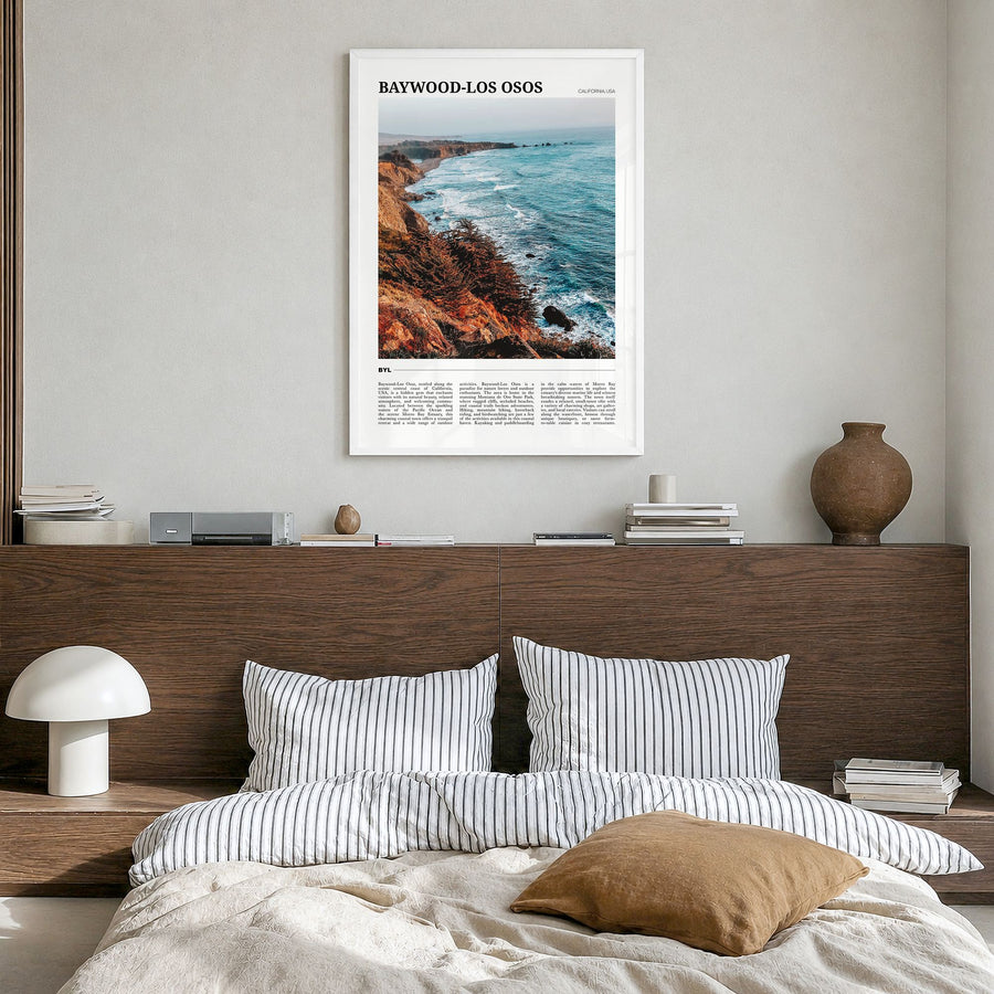 Baywood-Los Osos Travel Poster in a white wood frame, hanging in a bedroom