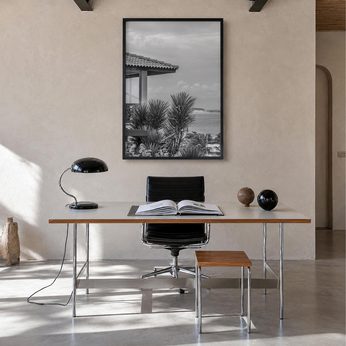 Beach House black & white photo poster – vertical wall art in black wood frame, hanging on wall