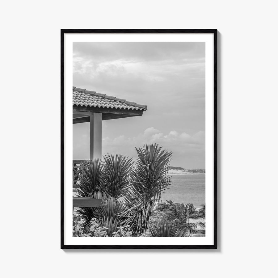 Beach House black & white photo poster – vertical wall art, unframed print shown in interior mockup