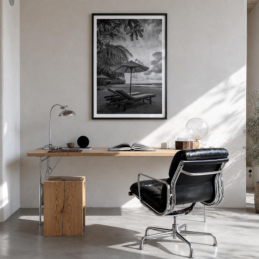 Beach no. 1 black & white photo poster – vertical wall art in black wood frame with white border, hanging on wall