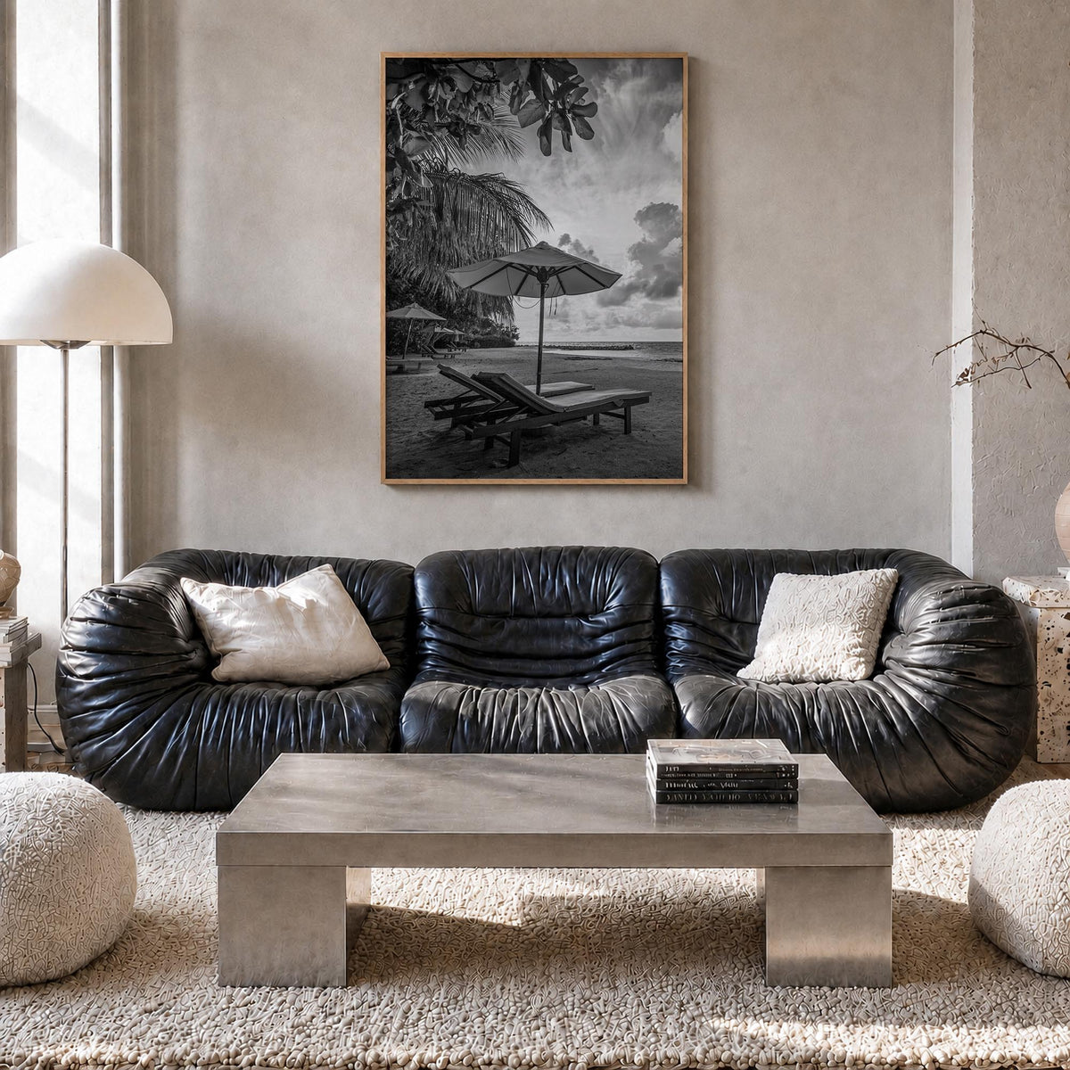 Beach no. 1 black & white photo poster – vertical wall art in natural wood frame, hanging on wall