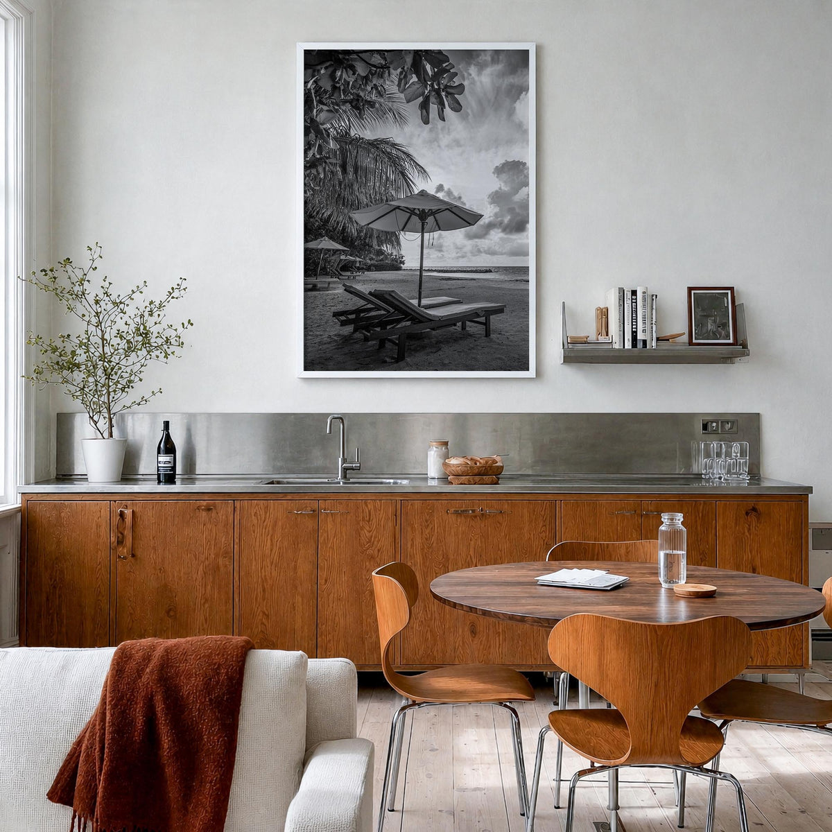 Beach no. 1 black & white photo poster – vertical wall art in white wood frame, hanging on wall
