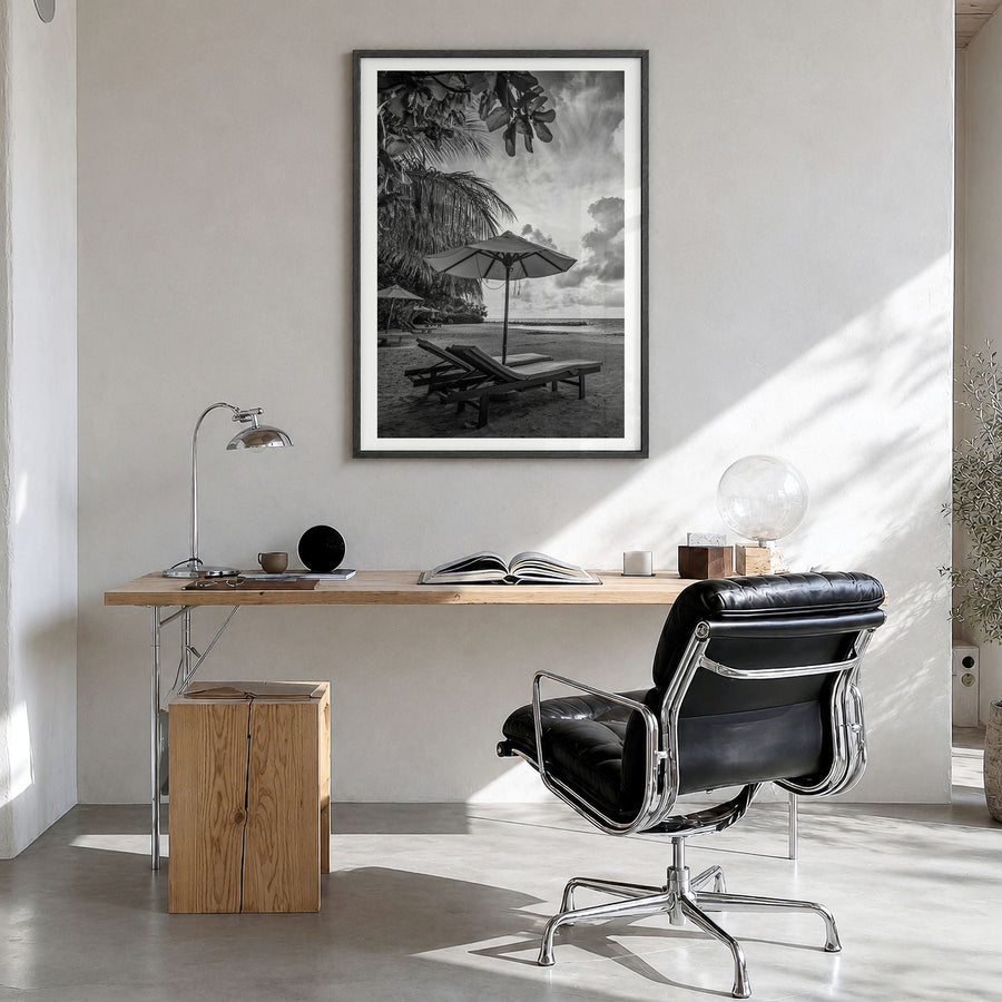 Beach Photo No 1 Poster in a black wood frame, hanging in a bright home office, white border