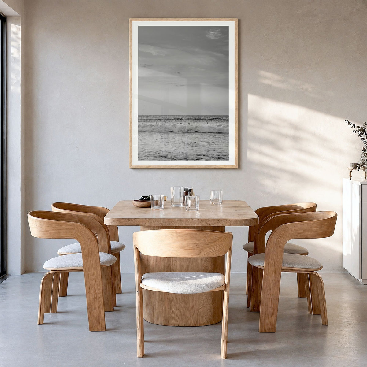 Beach Photo No 3 Poster in a natural wood frame, hanging in a dining room, white border