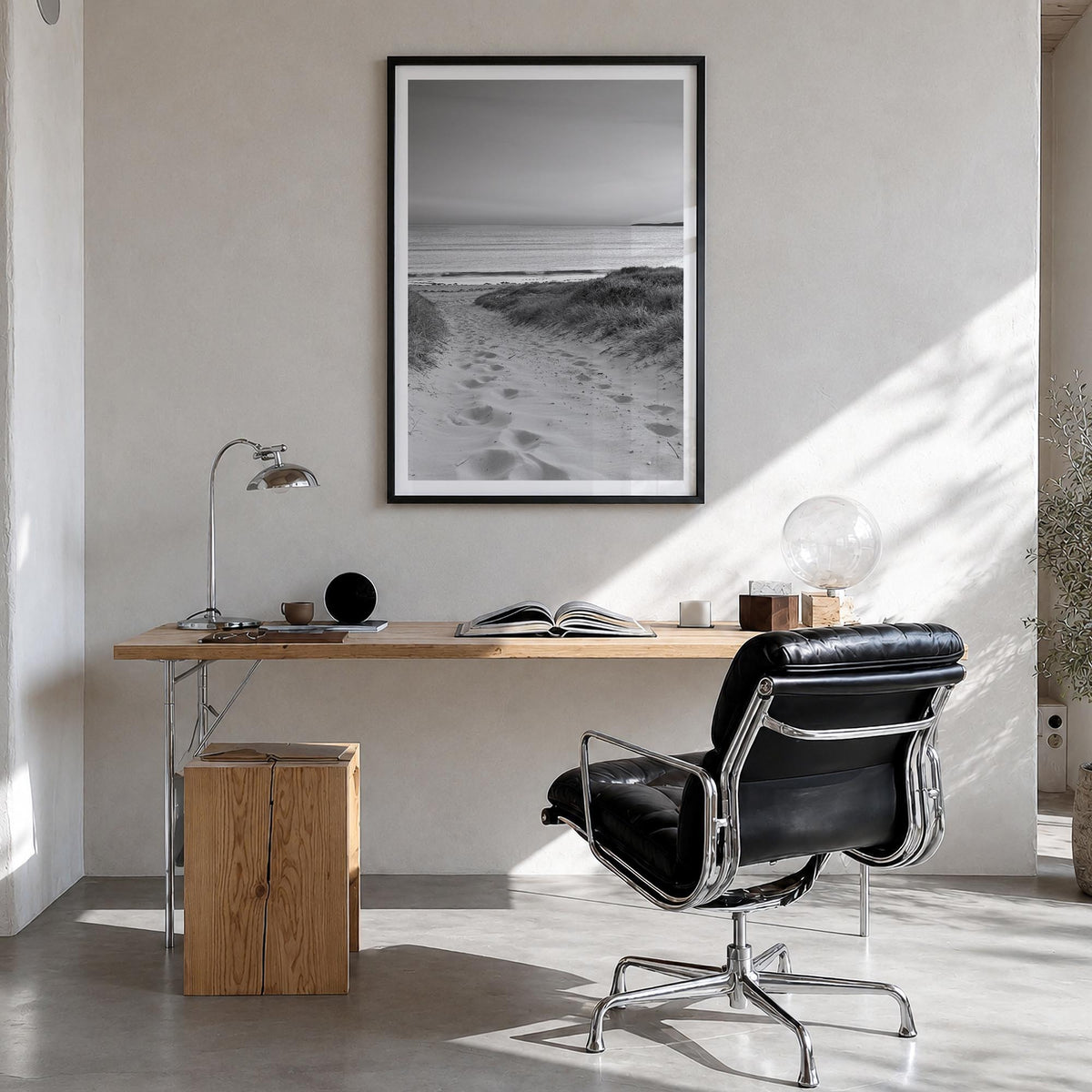 Beach Trail no. 1 black & white photo poster – vertical wall art in black wood frame with white border, hanging on wall